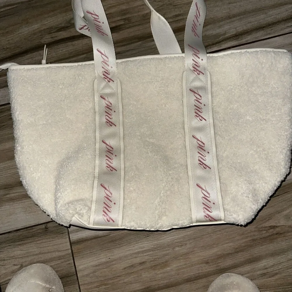 Victoria Secret Ivory Fleece PINK Logo Strap Tote Large Bag